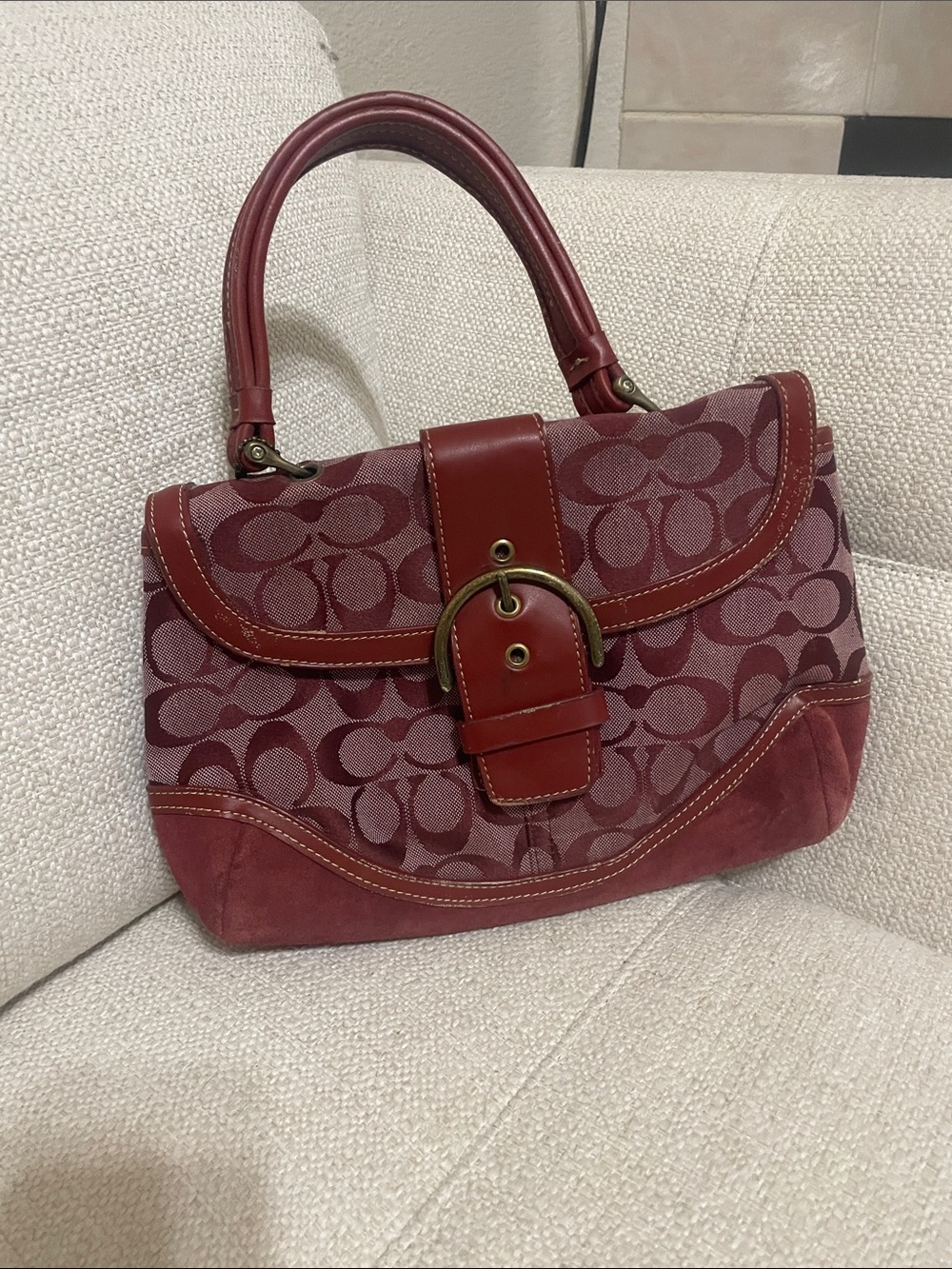 Coach Red Burgundy Signature Satchel with Buckle Accent